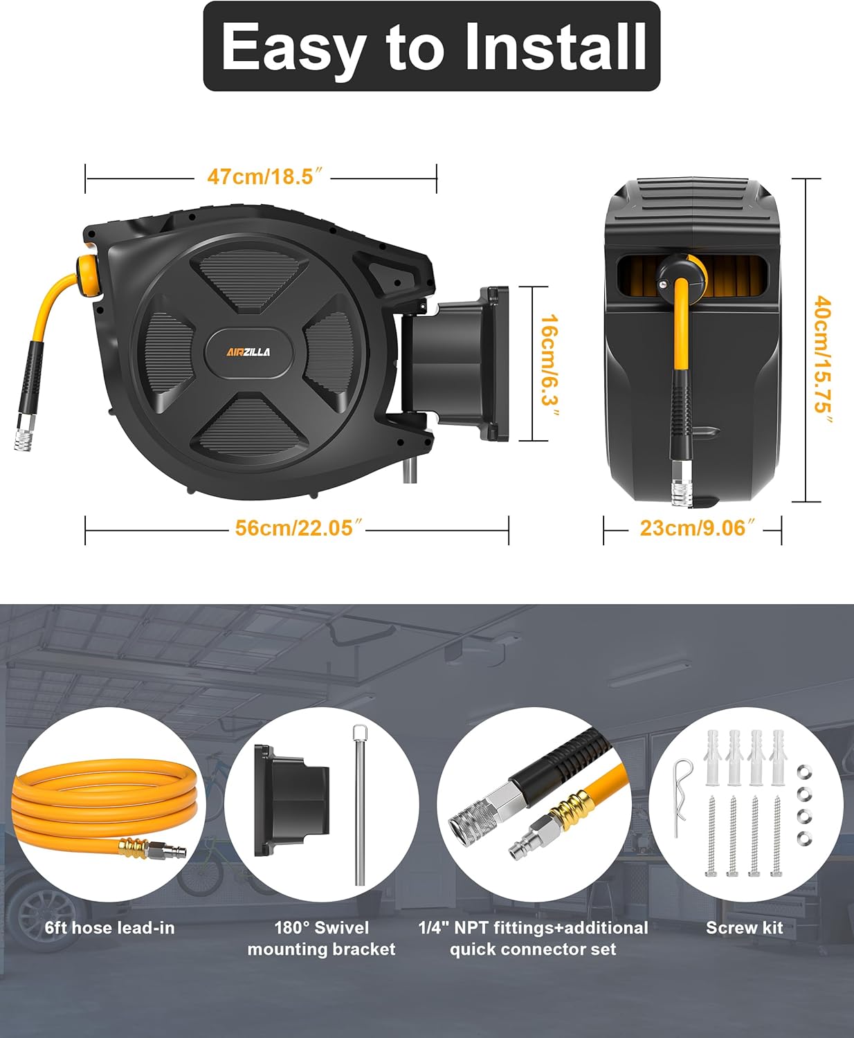 Retractable Air Hose Reel, 3/8" x 65Ft Flex Hybrid Air Hose