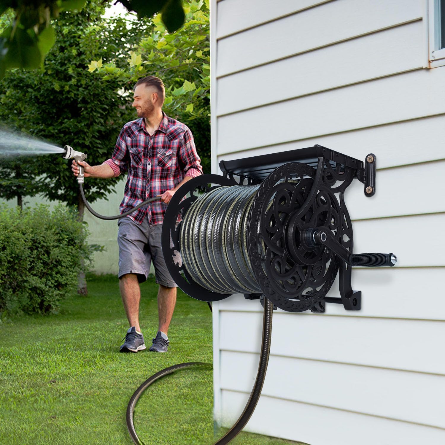 Metal Decorative Garden Hose Reel， Holds 135 ft x 5/8" Hose Capacity