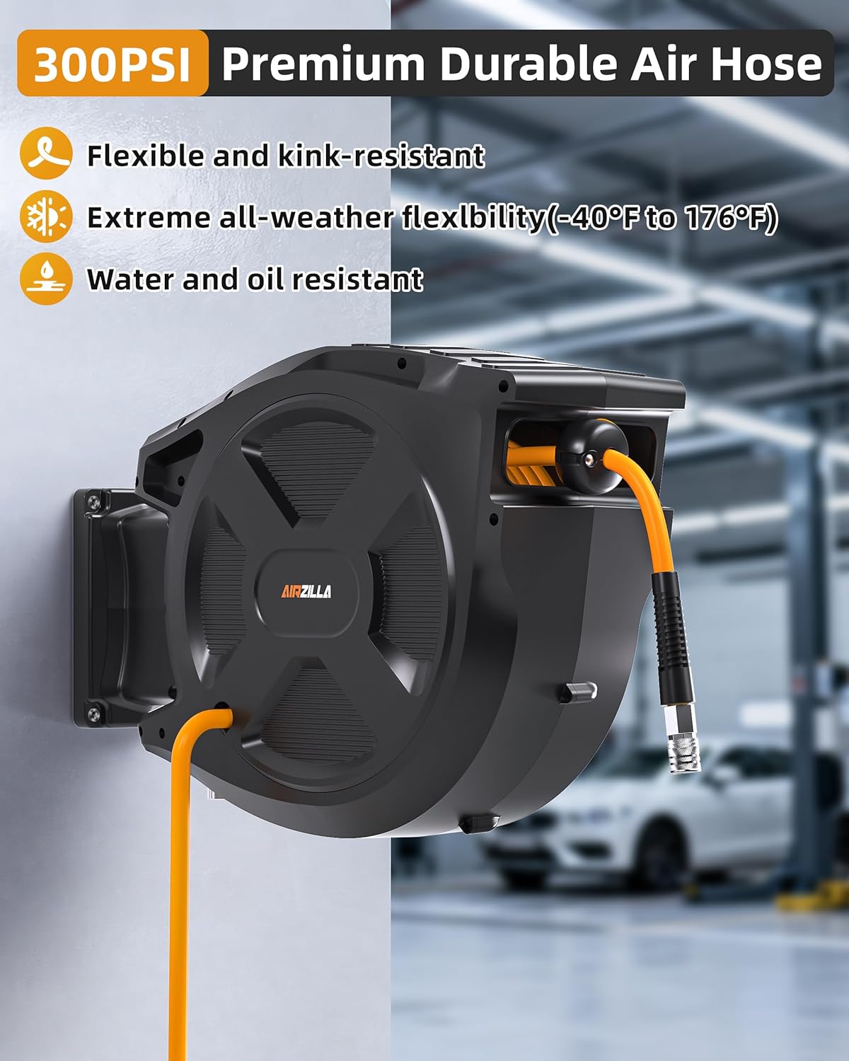Retractable Air Hose Reel, 3/8" x 80Ft Flex Hybrid Air Hose