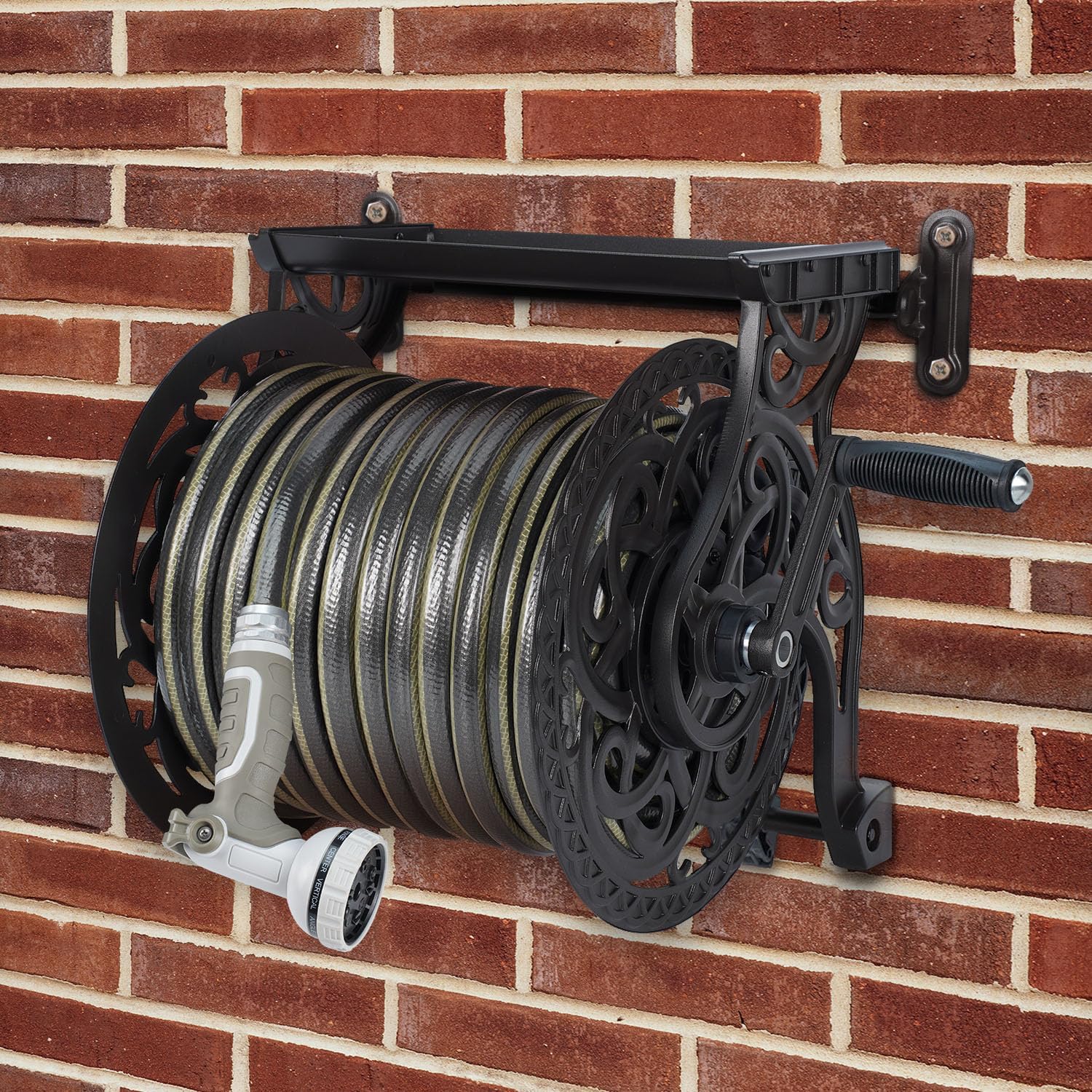 Metal Decorative Garden Hose Reel， Holds 135 ft x 5/8" Hose Capacity