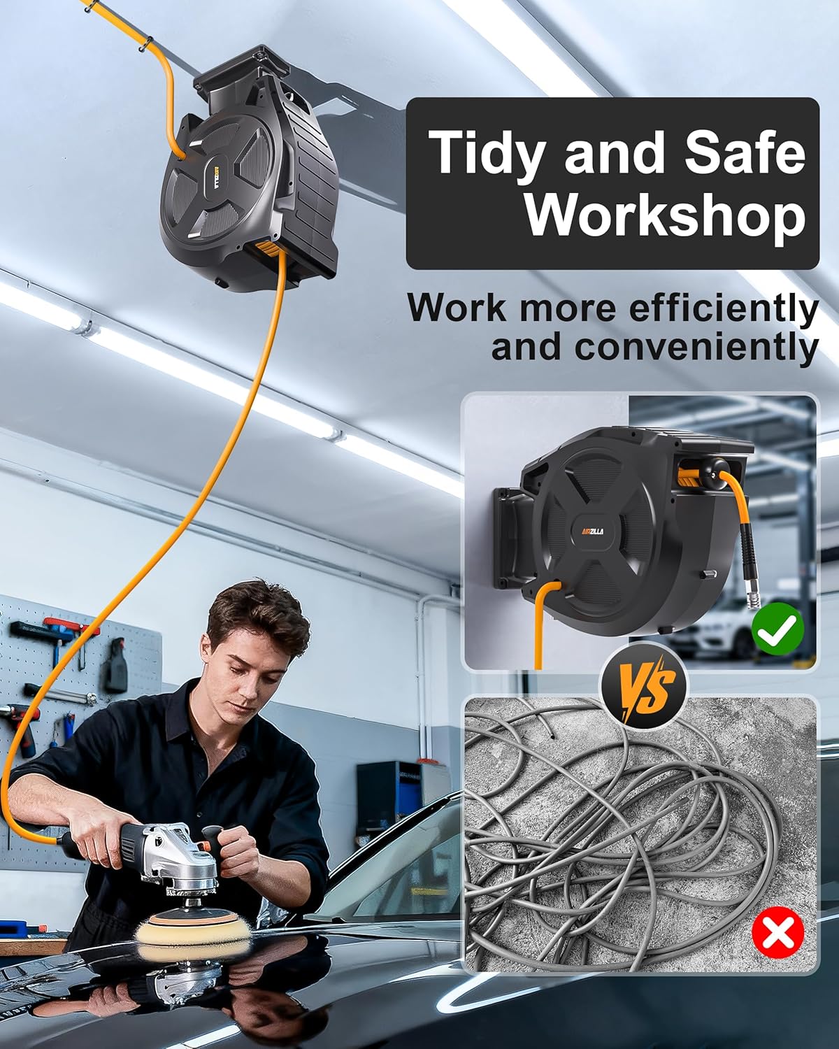 Retractable Air Hose Reel, 3/8" x 100Ft Flex Hybrid Air Hose